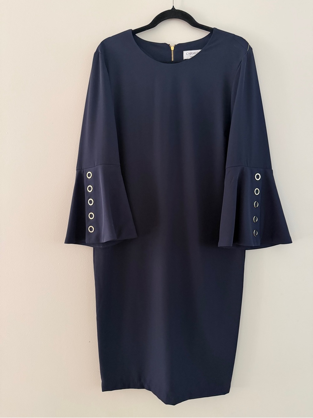 Carmen‎ Marc Valvo Navy Blue Dress Size 10 Bell Sleeve Sheath Career Cocktail